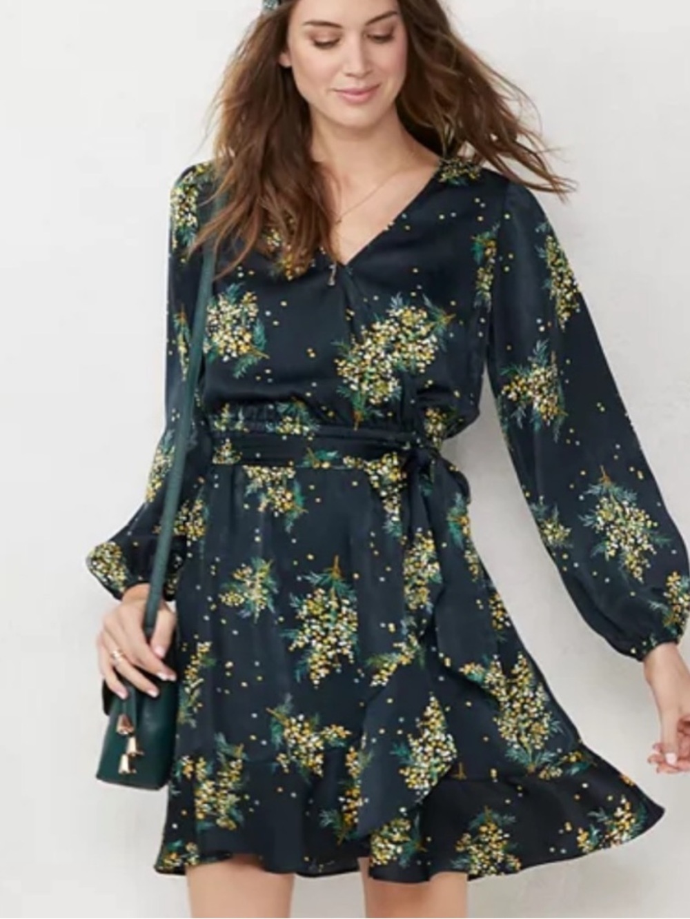 Floral V-Neck Belted Mini Dress in Dark Blue